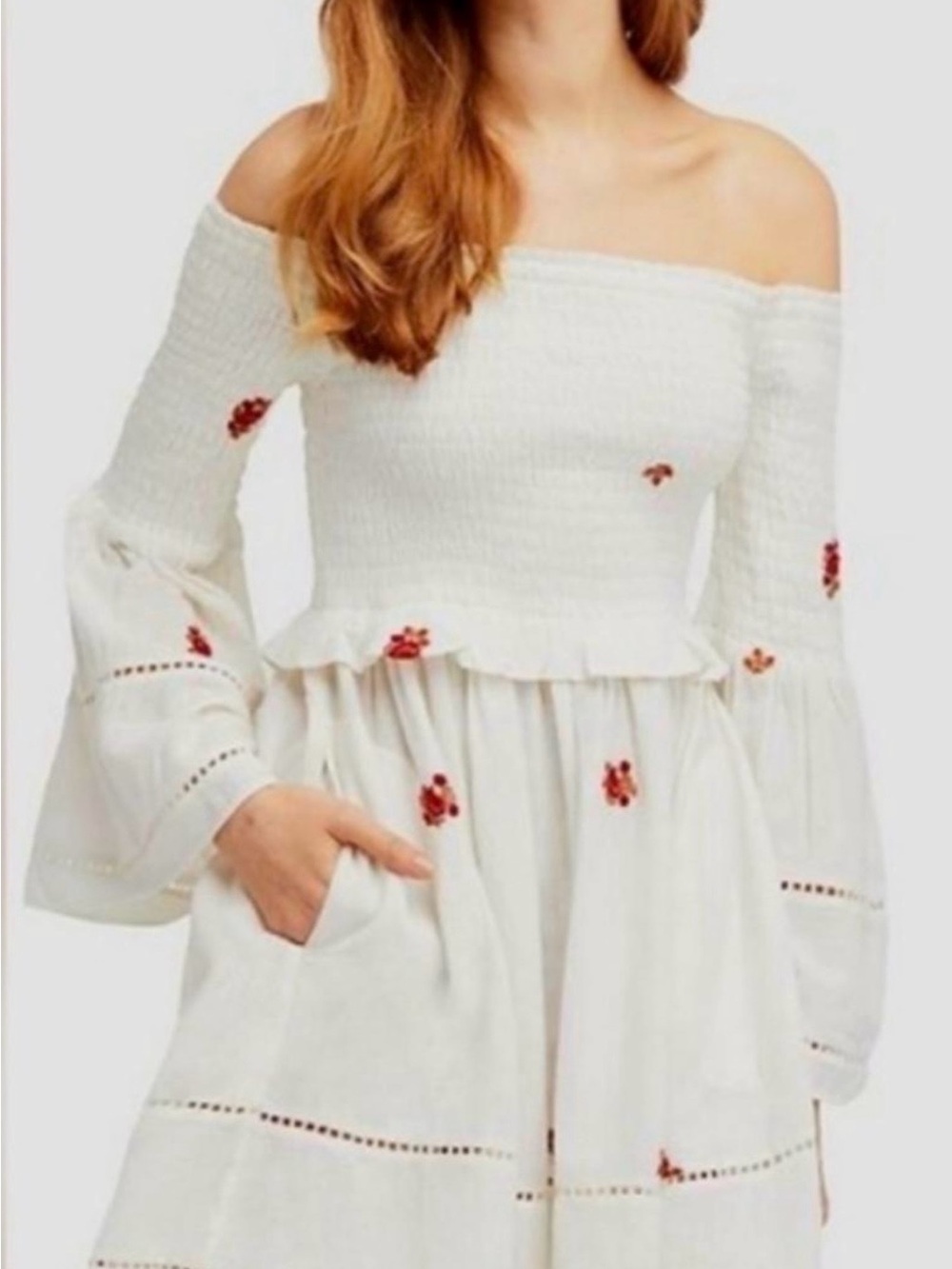 Free People White Off-Shoulder Embroidered Dress with Red Accents